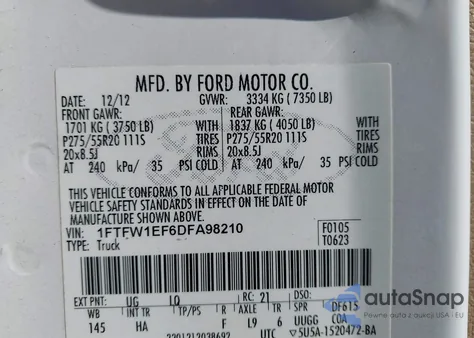 2013 Ford F-150 Lariat from USA, damaged, VIN 1FTFW1EF6DFA98210